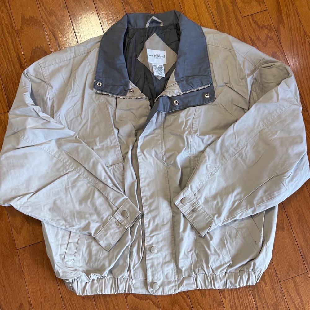 Knightsbridge Vintage Mens XL Tan Gray Bomber Jacket Full Zip Cotton Blend